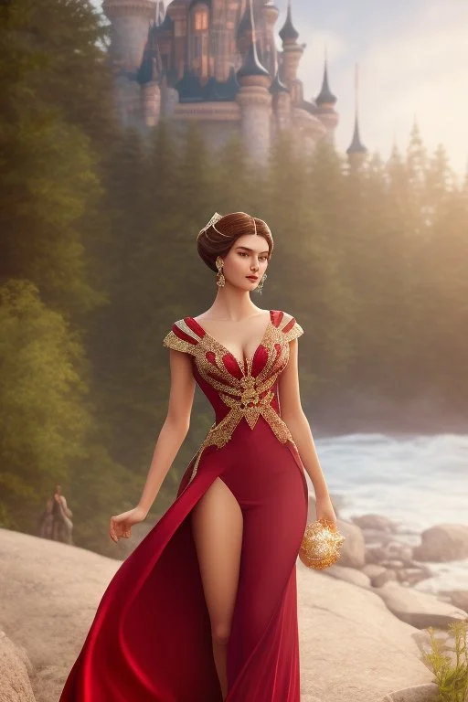 full body shot , beautiful and gorgerous duchess with incredible jewellery in 19th century clothing by Greg Rutkowski and Artgerm and Emile Vernon and Vladimir Volegov, in a red dress, mystical castle background, art illustration, natural beauty, muted colors, pastels, perfect fingers, higly detailed, expressive, high detail, symmetrical, digital painting, symmetrical eyes, dynamic lighting, artstation, cinematic lighting, intricate artwork, emitting diodes, smoke, artillery, sparks, racks, s