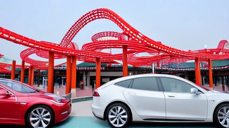 A Tesla's 'Model S Plaid' is parked, at 'Nagashima Spa Land', in Kuwana, in Japan. CINEMATIC. WIDE ANGLE LENS.