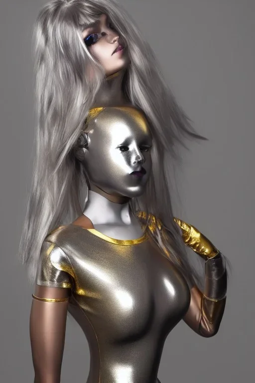 Beautiful perfect perfectly centered photorealistic silver-skinned AbstractTech robot, silver and gold French maid outfit long hair, shiny metallic silver hair, full-body portrait by Reisha Perlmutter, Rudy Nappi, medium shot