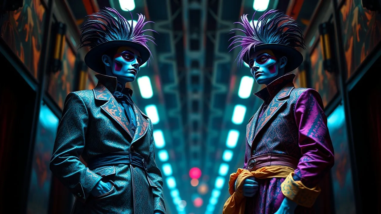 Nikon D850 with AF-S NIKKOR 24-70mm f/2.8E ED VR lens at f/5.6: [Two innovative friendly individuals wearing strange, suave, beautiful, fantasy fashionable clothing] in a [parallel universe], showcasing [full-height figures from head to foot with intricate details], [vibrant colors and deep shadows], creating [a surreal and captivating atmosphere with precise textures and anatomy]. focus peaking enabled, Nikon Picture Control with enhanced color grading.