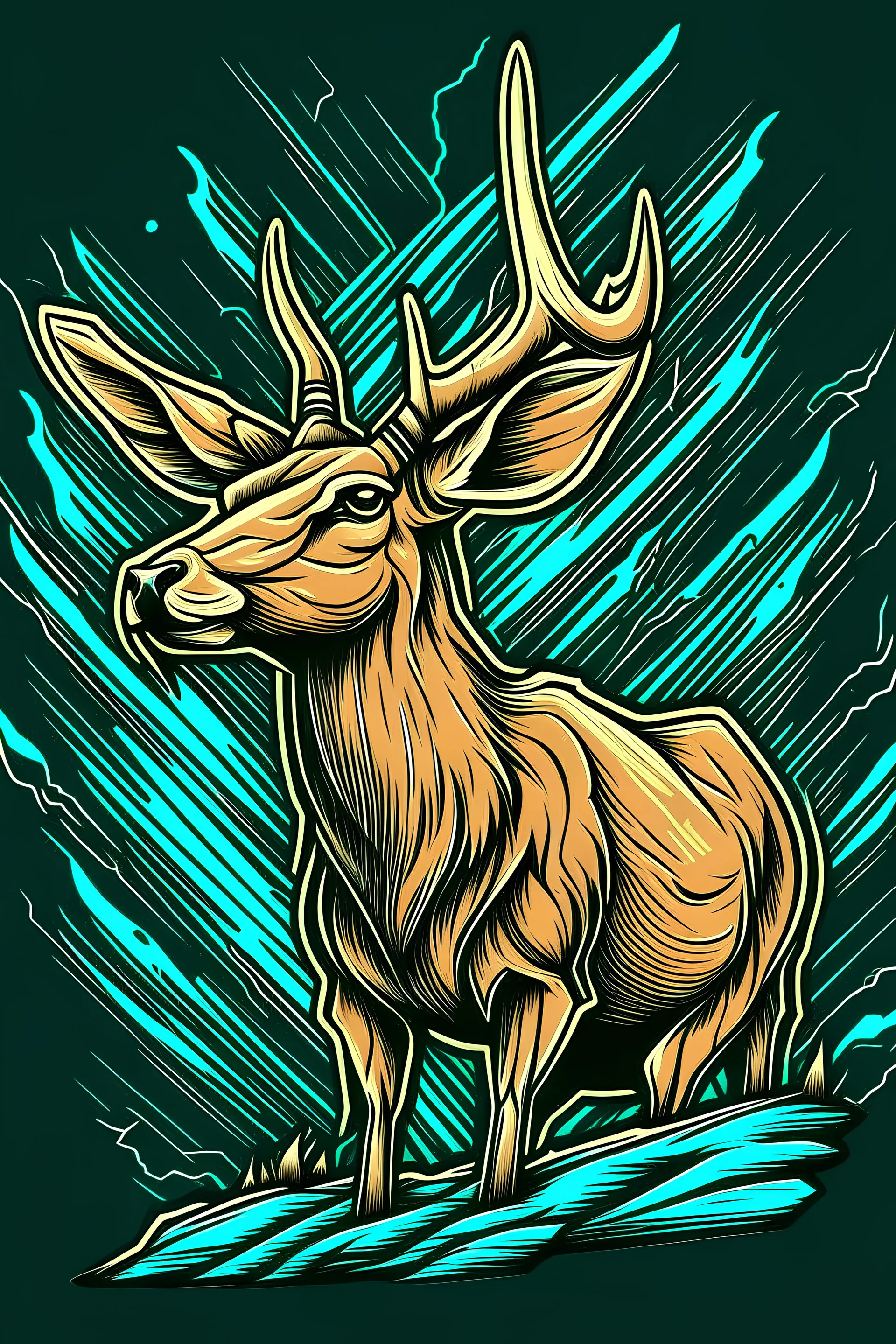 masterpiece, best quality, Siberian deer, simple logo background, in the style of japanese manga, duotone, professional quality panting, ultra detailed, joyful lightning, multiple colors with some shades, half body shot