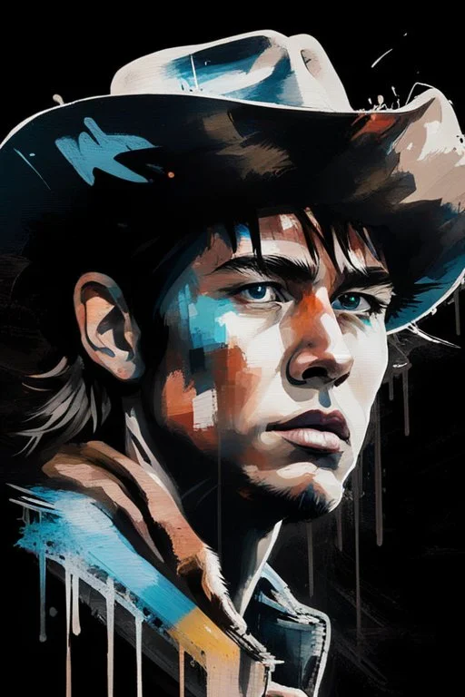 An ultra realistic poster for a young native cowboy word sign as “street art ”, by Daniel Castan Carne Griffiths Andreas Lie Russ Mills Leonid Afremov, black background