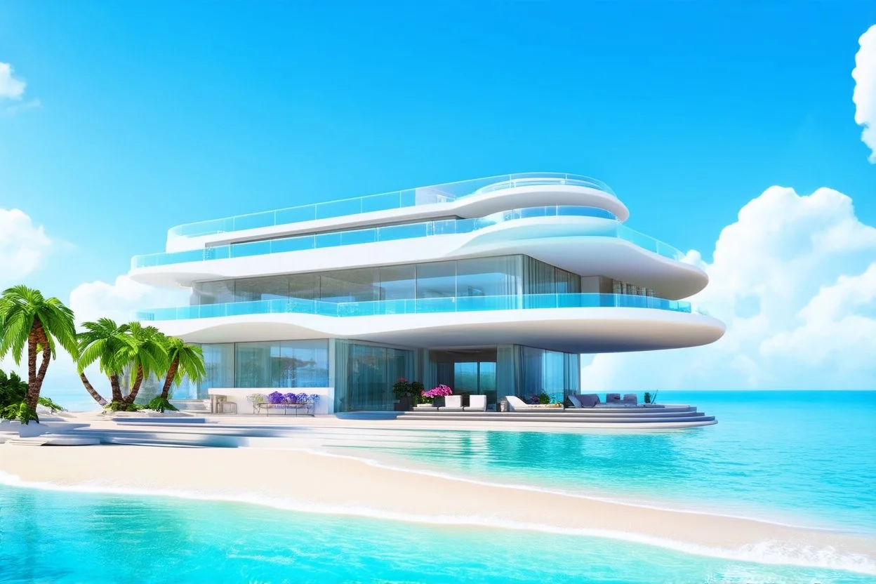 Magnificent 3D representation of a luxurious, modern, completely transparent scale-shaped hotel on a pristine beach. It features elegant and contemporary design elements, such as swimming pools, balconies and floor-to-ceiling windows. The elegant and sophisticated entrance is adorned with palm trees and a futuristic terrace. Bright colors. Constructed with transparent glass