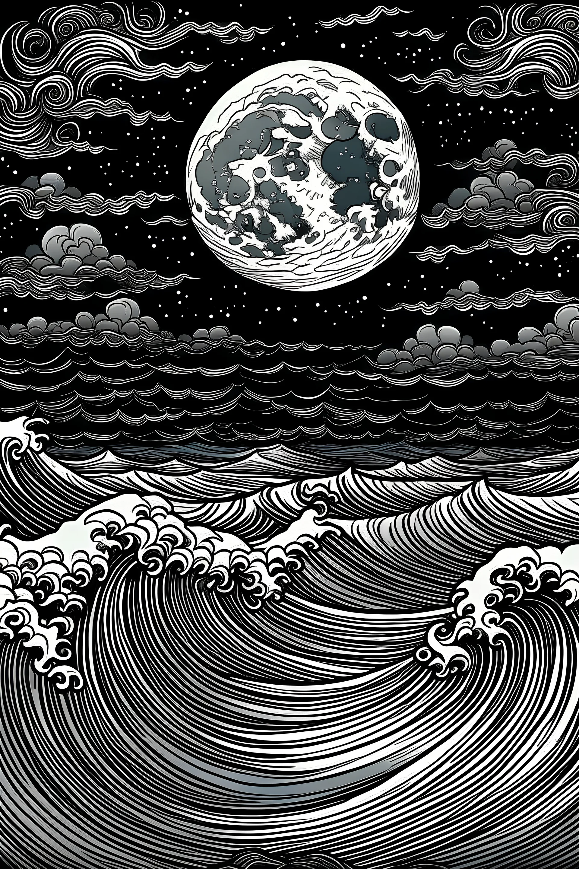 a coloring page, Moonlit Ocean with no shades, texture,black background and white outline for the image and do not put any colour