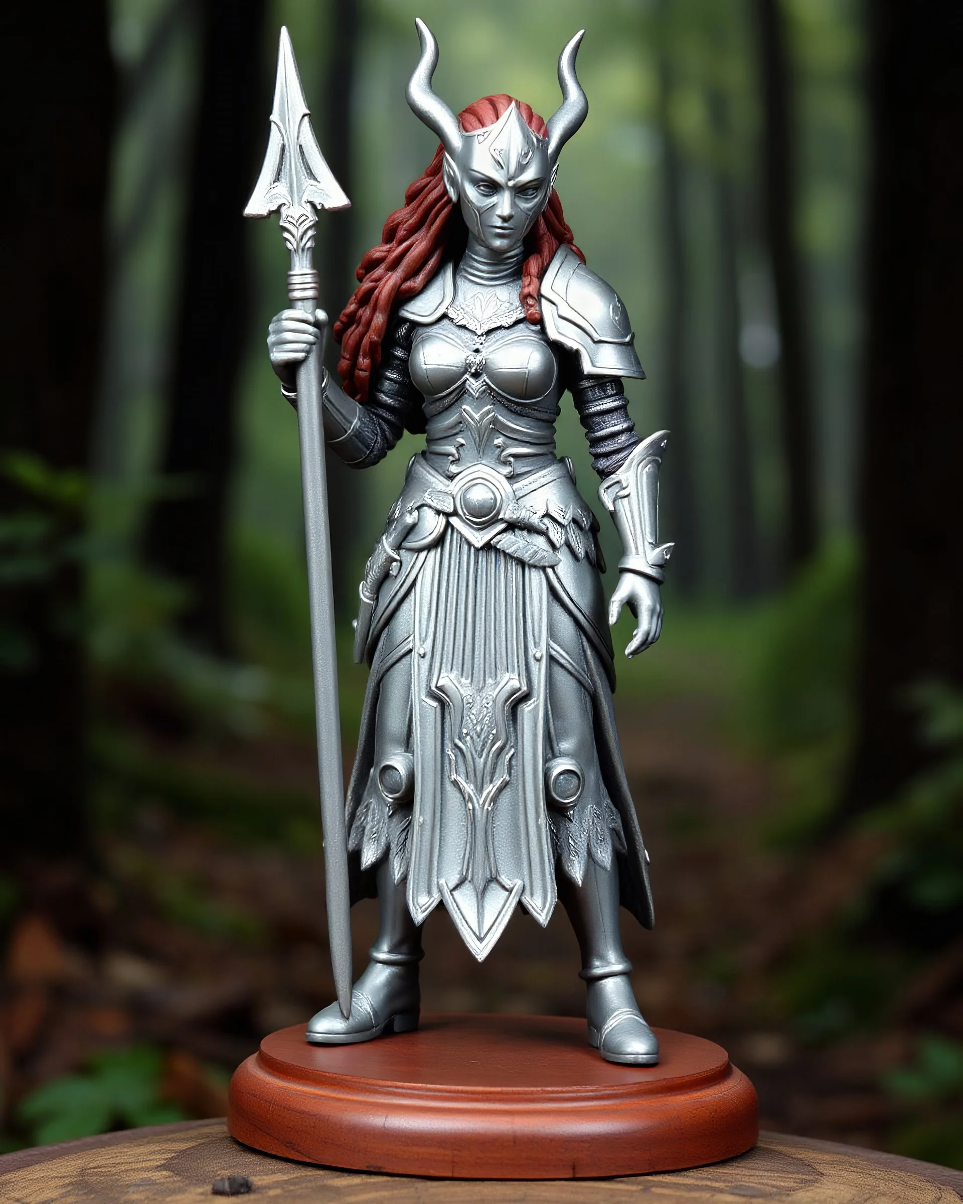 A photo of a tabletop miniature of a mandalorian woman . The character is wearing skirt armor in silver. The character is full body and has a wooden base. The background is a forest.