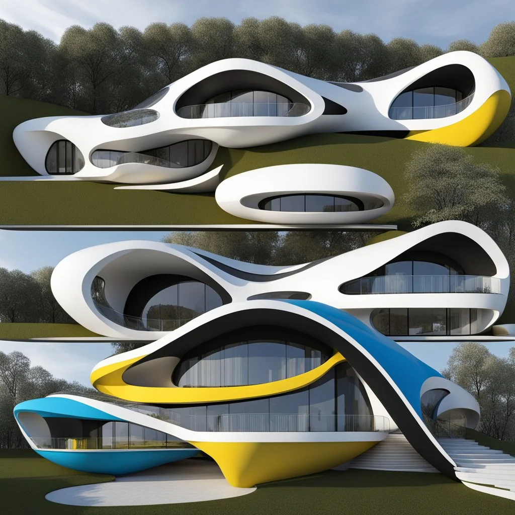 3D drawings of Zaha Hadid style egg-shaped country house in black, white, blue and yellow colors