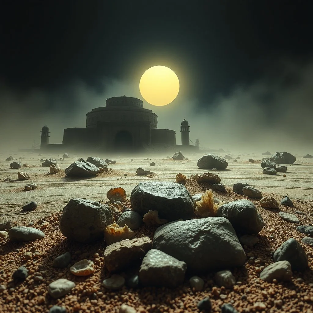 A striking quality close-up photograph captures a wasteland with odd stones, liquids, spooky, creepy, Amano, details of the dust very accentuated, glossy, organic, adorned with minerals and rocks, fog, eerie, Max Ernst style, black sun, fog