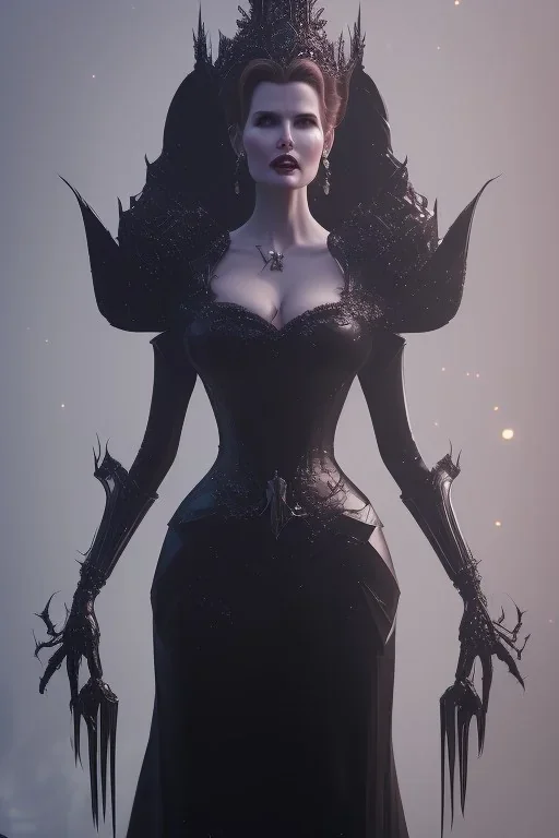 Geena Davis as evil queen in black leather gown, evil, busty, cleavage, curvy, angry, stern look. character design by cory loftis, fenghua zhong, ryohei hase, ismail inceoglu and ruan jia. unreal engine 5, artistic lighting, highly detailed, photorealistic, fantasy