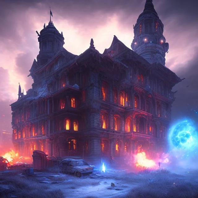 dynamic lighting, Intricately detailed, Unreal Engine, Hell fantasy artwork, nightsky, blue, black, fields, abandoned buildings, ruins, cottage,