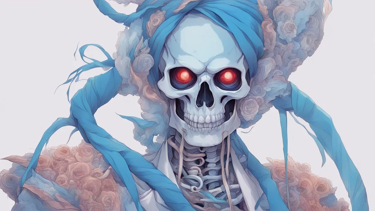 a close up of a person with a skull on their head, blue and white colors, anime skull portrait man, scary detailed art in color, hiroyuki-mitsume takahashi, nychos art aesthetic, half man half skeleton, anime cyberpunk art, colored manga art, rossdraws pastel vibrant, hot colors. insanely detailed, beautiful anime portrait, stunning anime face portrait, scary art in color