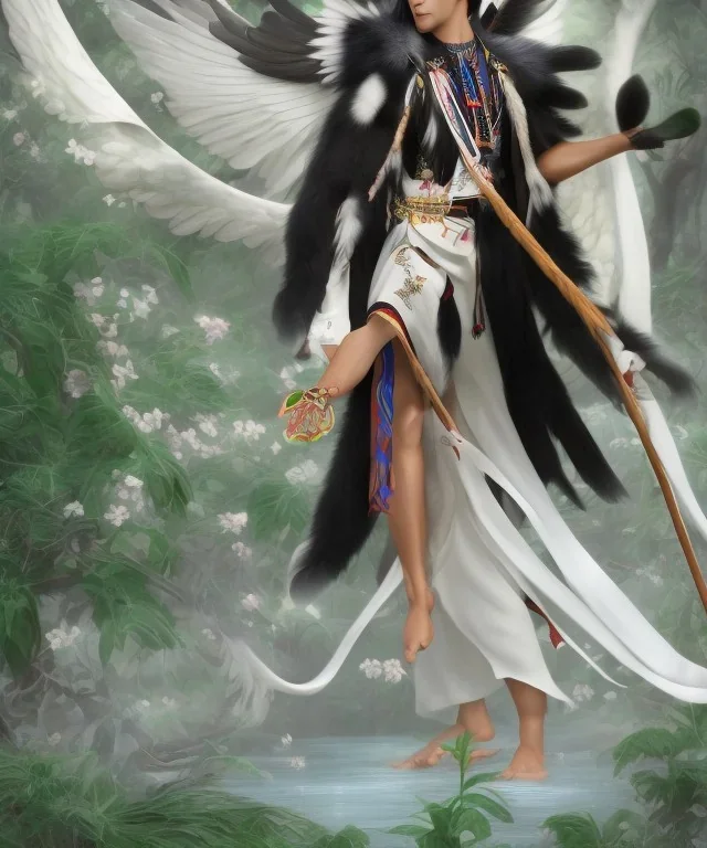 chaman, male native american, mature, long black hair, black coat like wings