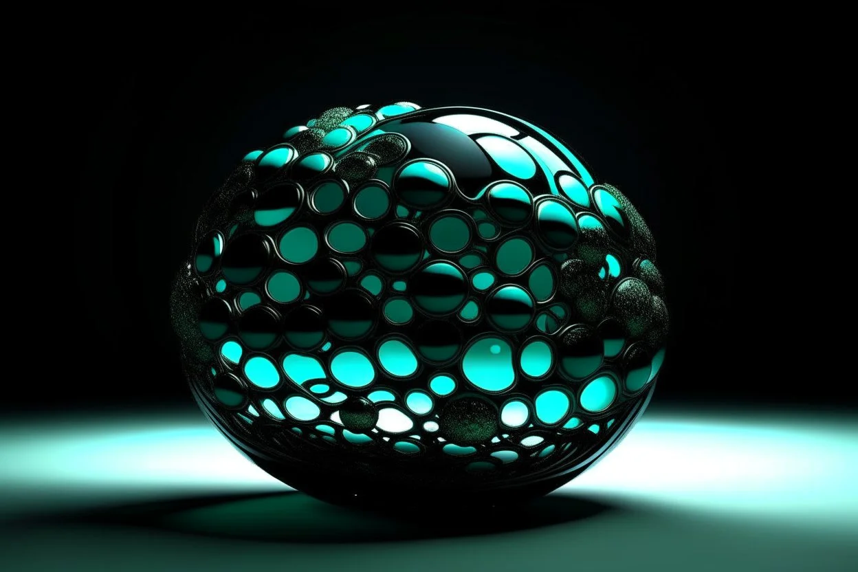 beautiful composition, black spheres with holes, woven of thin black wire, the entire surface of the sphere is filled with symmetrically arranged round holes, from the inside of the sphere a bioluminescent blue-green (sometimes blue, sometimes green) light is emitted, projecting coloured round spots onto the whole background and the whole horizontal base where the sphere is placed. S<AI