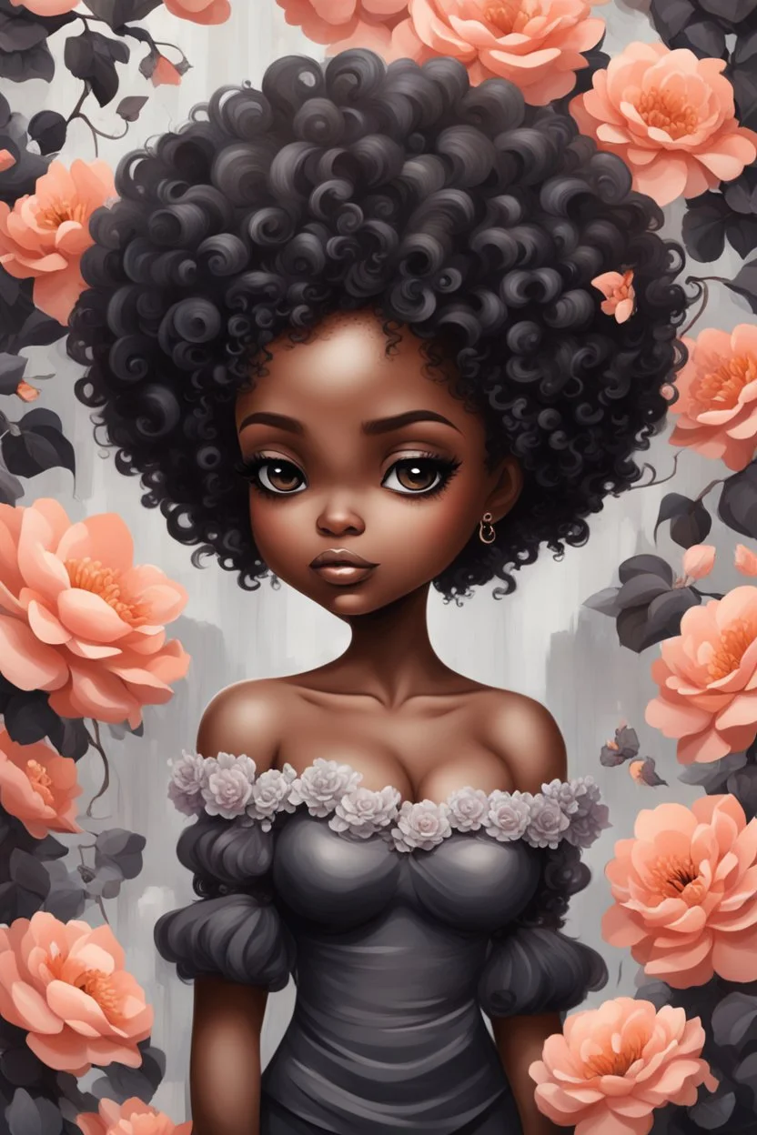 Create an expressive oil painting art image of a curvy black chibi female wearing a grey off the shoulder blouse and she is looking down with Prominent makeup. Highly detailed tightly curly black afro. Background of large peach and grey flowers surrounding her