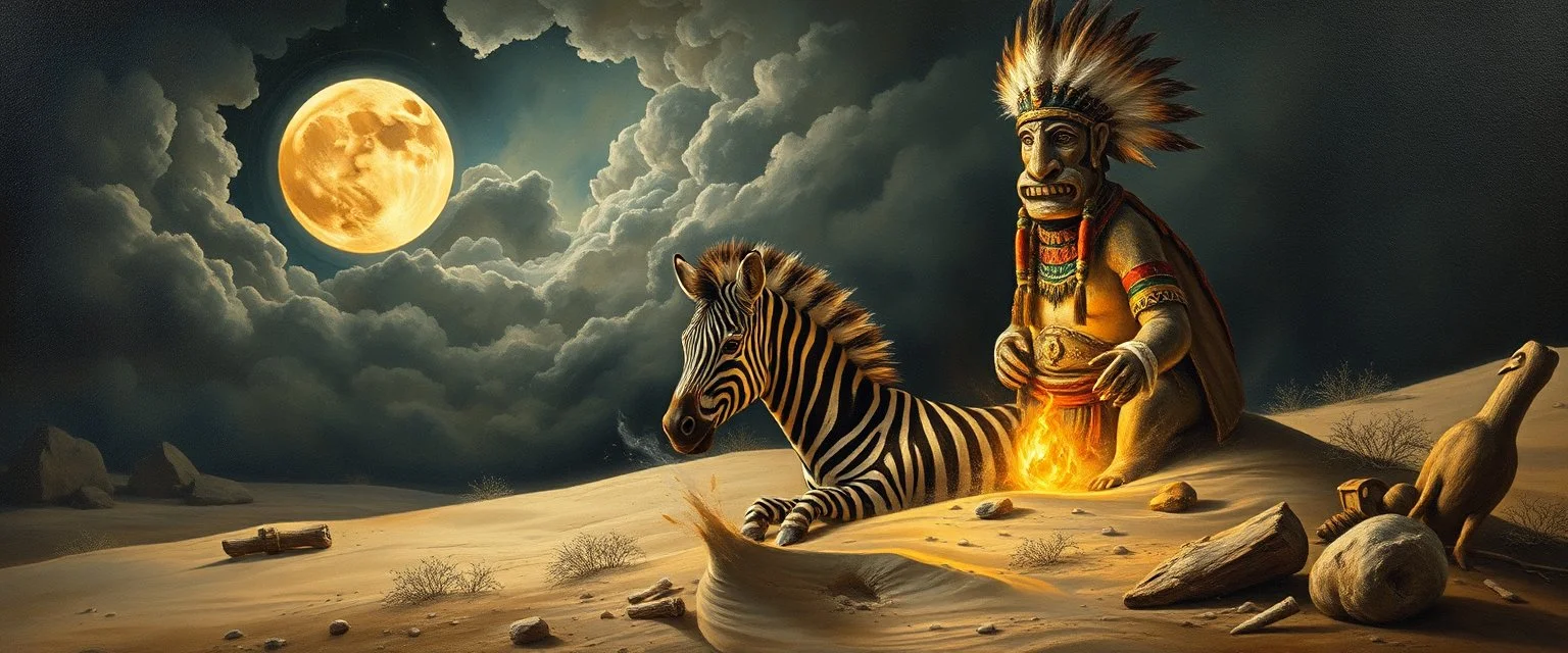 master oil painting by Rembrandt, good afternoon clay moon chill hyper bigger than life zebra dream smoking trickster golem peeking out of a sand twister whirlwind cocoon, all inside a bottle, and a big indian with mohawk and a totem