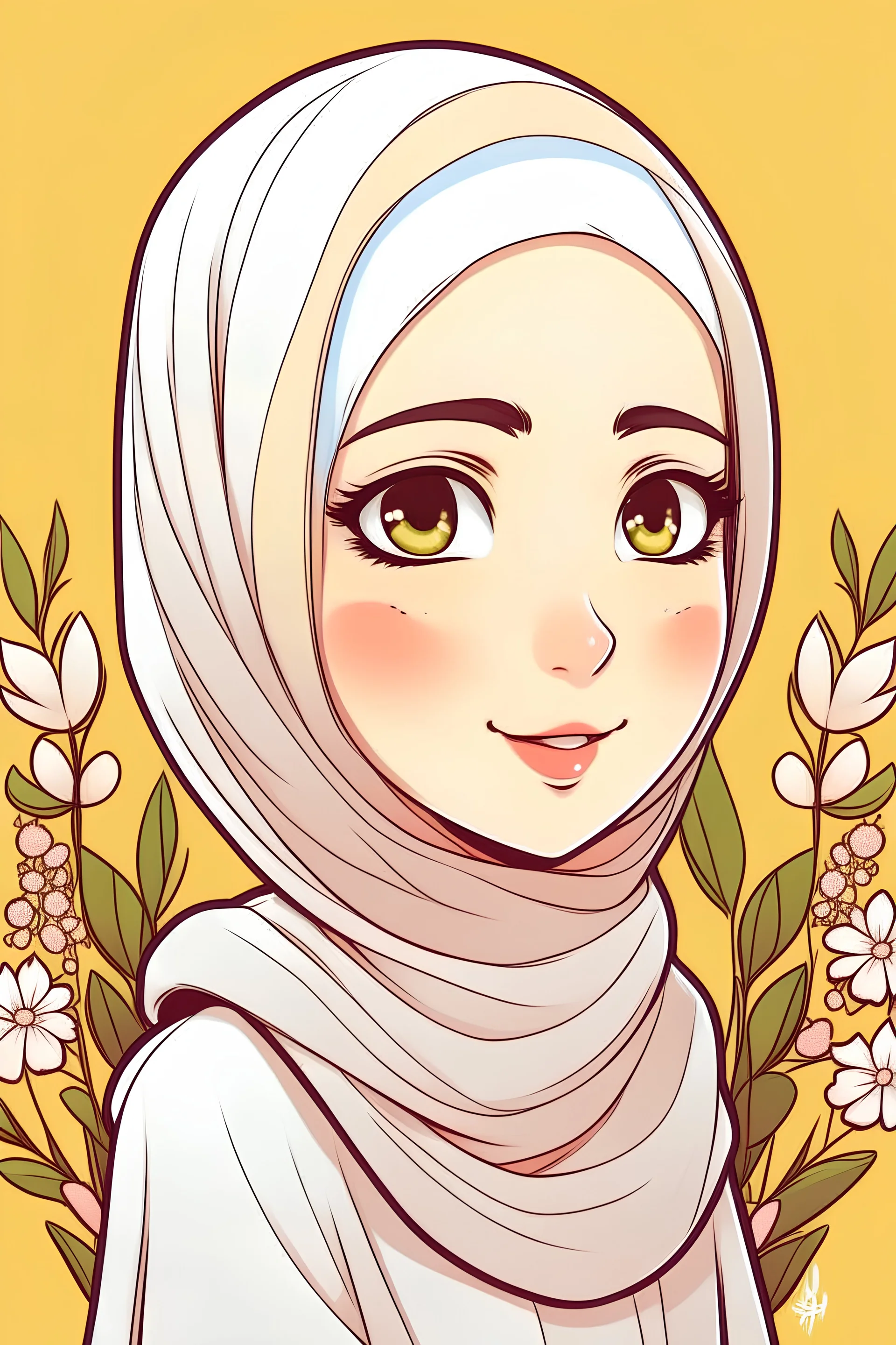 Artline, clean outline, cute cartoon style, hijab girl with no hair wearing crown flower