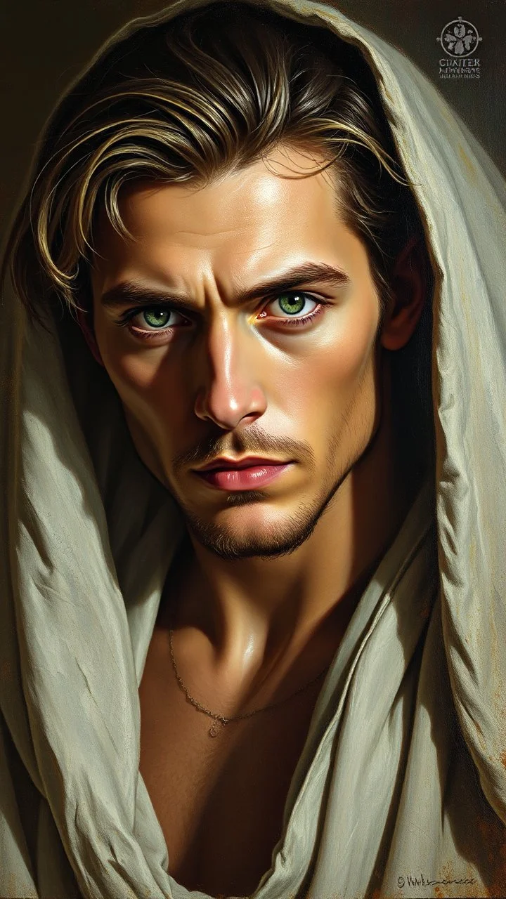 Realistic oil painting of an Mr Spokr of with piercing green eyes, by John William Waterhouse, (long shot), dramatic lighting, classical mythology theme.