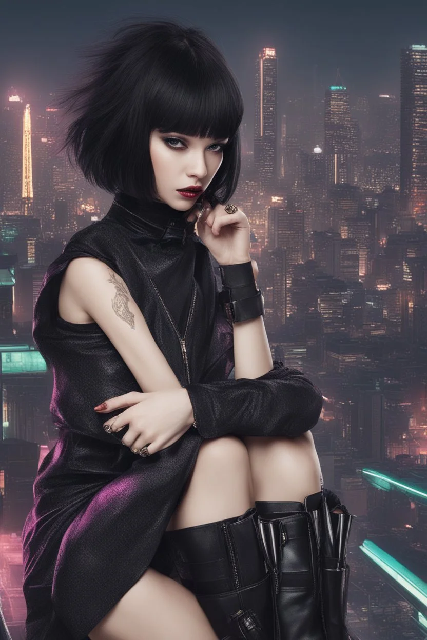 full-body-art of a woman with a bob with a fringe hairstyle, Cleopatra clothing, black knee-high boots, cyberpunk city background