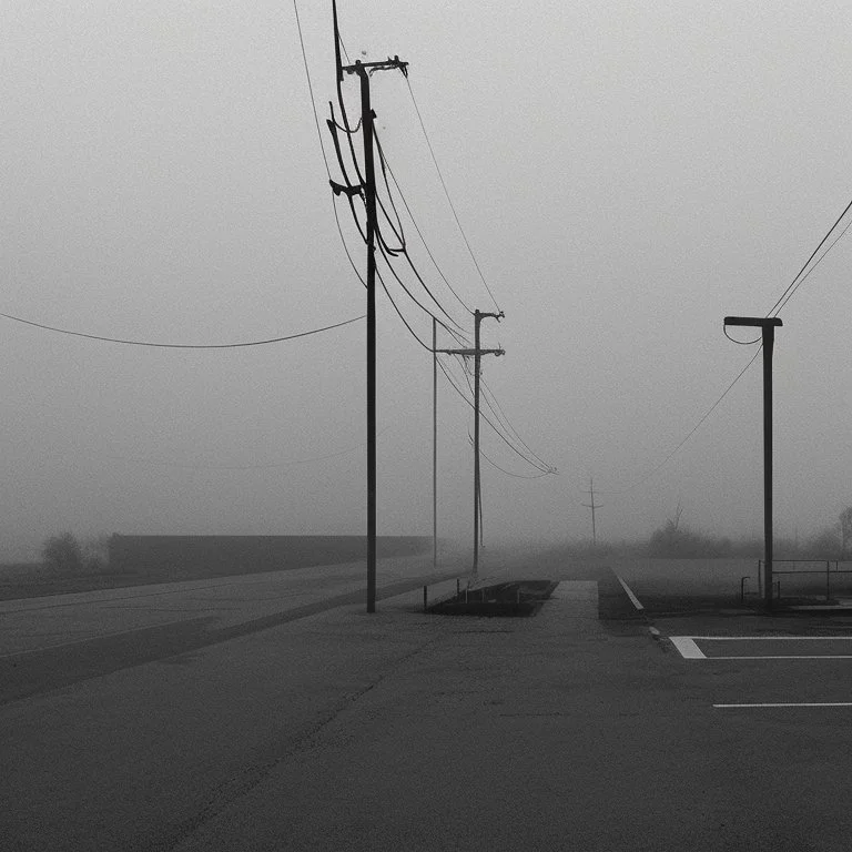 An empty carpark on a misty day. Telegraph poles and wires. Muted tones. Tilted horizon. With blotches, blurry areas and lens noise and grain. Hyper realistic Photo 4k