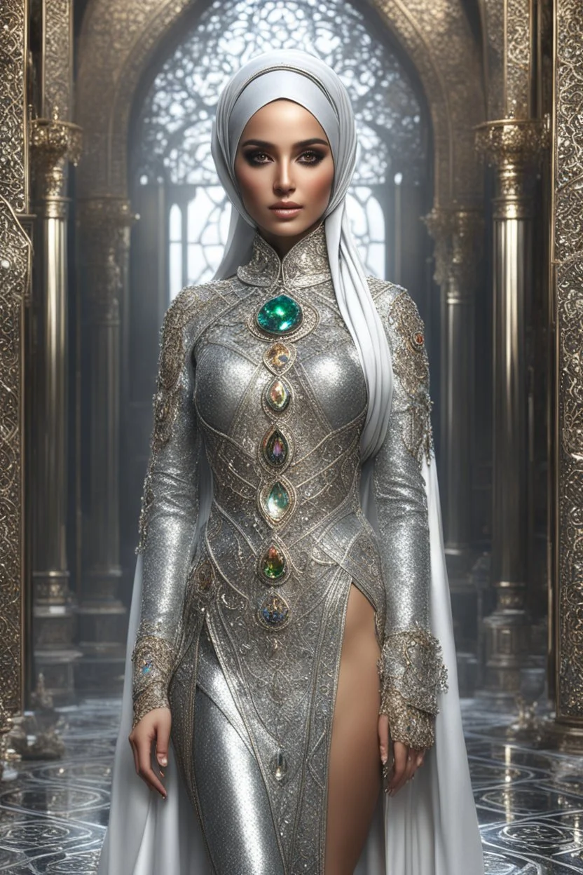 Full length picture photography realistic full body of young iranian woman hijab, beautiful, shiny hard eyes, make up, Fantasy style, ornate, large gemstones, shiny molten metalics, shiny wire filigree, silver hair, high definition, high res, octane render