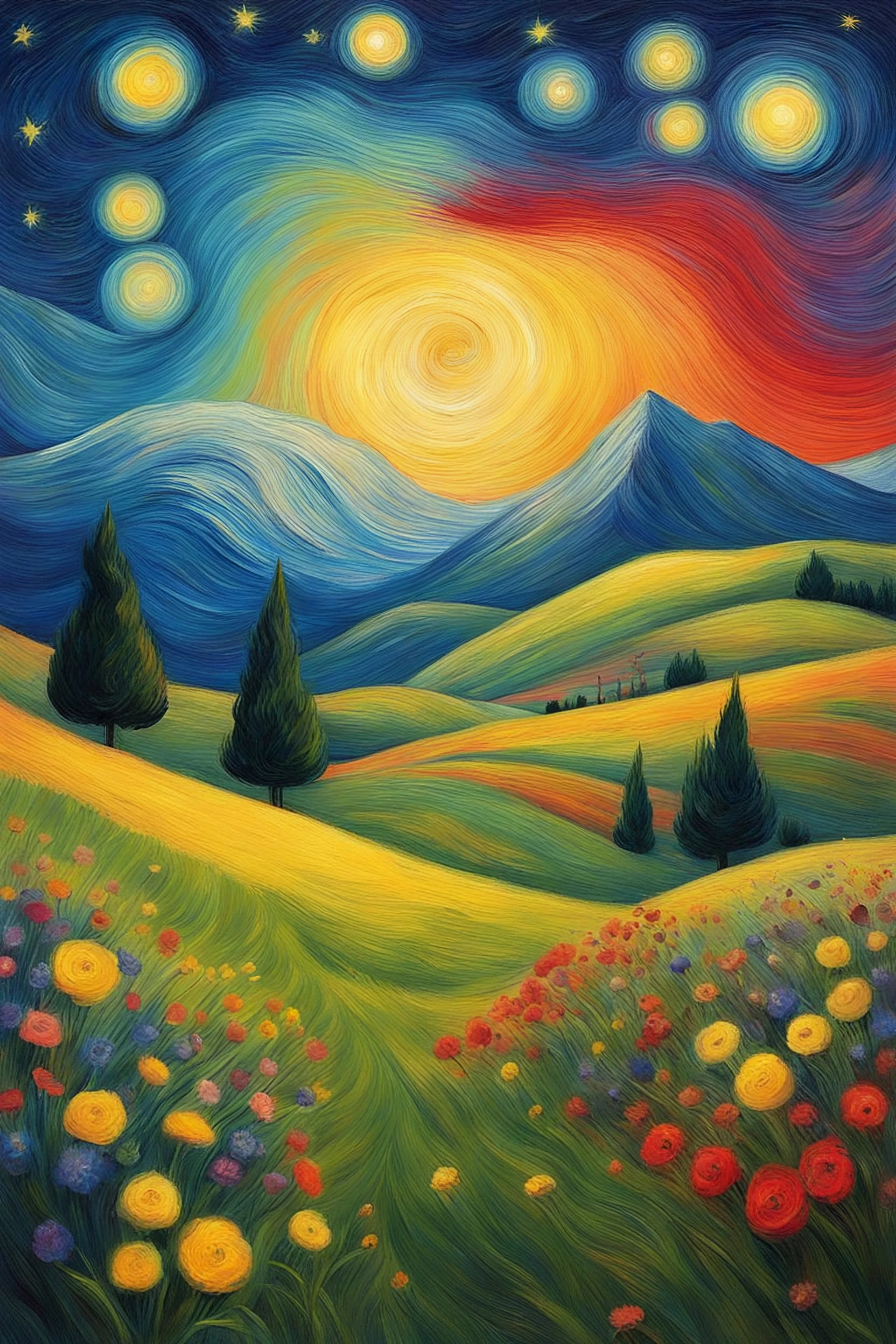 Starry night, Van Gogh style, grassy hill among flowers, colorful, rainbow, painterly, like a painting, wonder