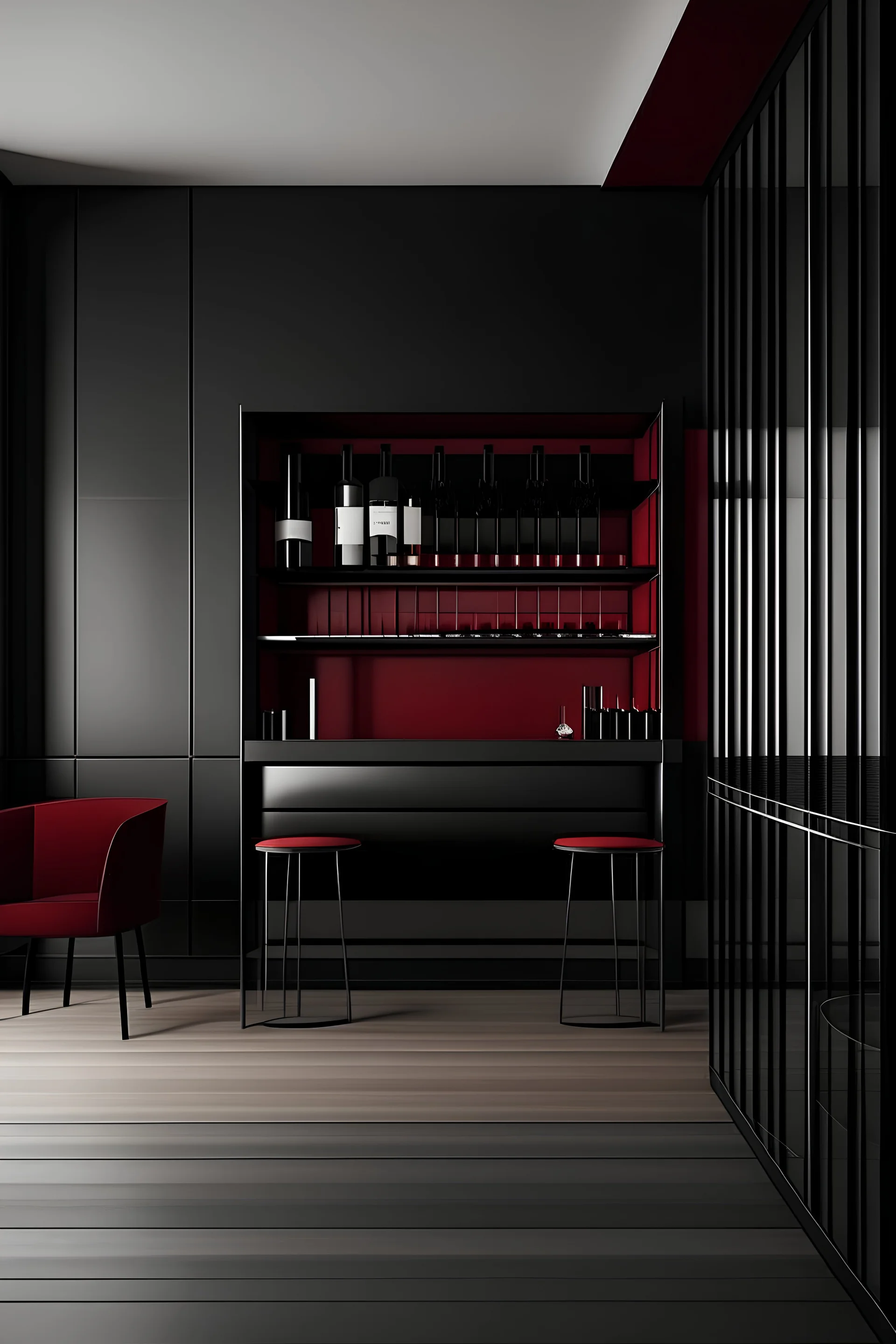 minimal interior design, with wine display and red and black interior,