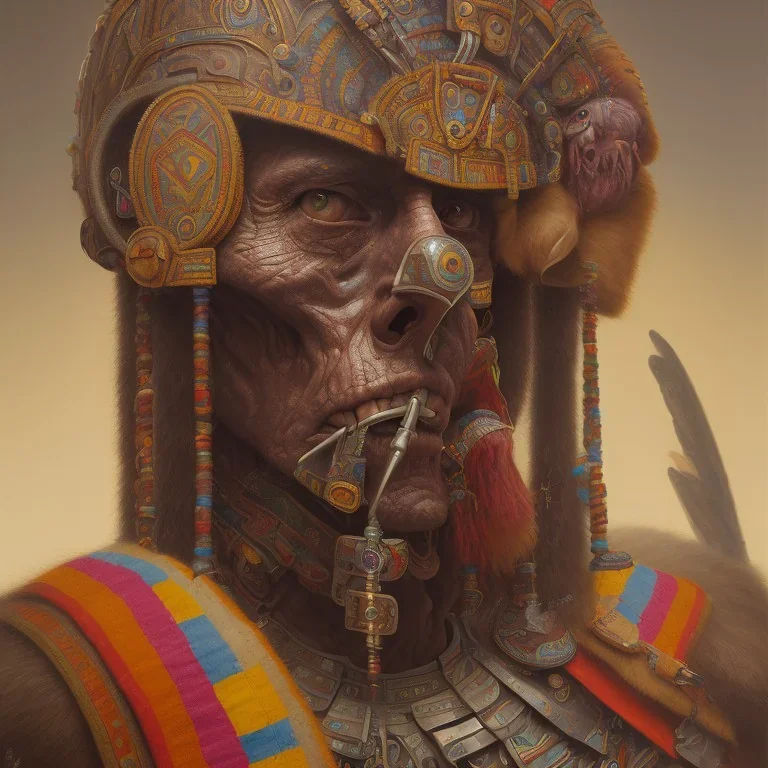 Inca warrior, aztec, rich deep colors masterpiece, sMartin Wittfooth, Luigi Spano, Mandy Jurgens, stellar photography, No skin, muscles showing, flesh, human face anatomy, Close-up, Portrait, Photorealism, crumbles into pieces, Melancholie, Lumen Reflections, Photojournalism, , rich details, ultra-HD