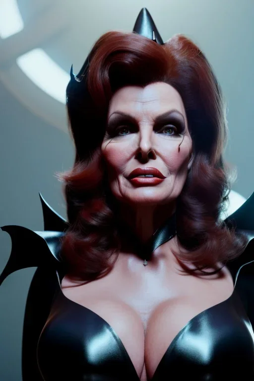 Raquel Welch as evil queen in black leather gown, angry, busty, curvey, cleavage, unreal 5, octane render, cinema4d, dynamic lighting, dramatic lighting, 4k, redshift render, highly detailed, hyper realistic