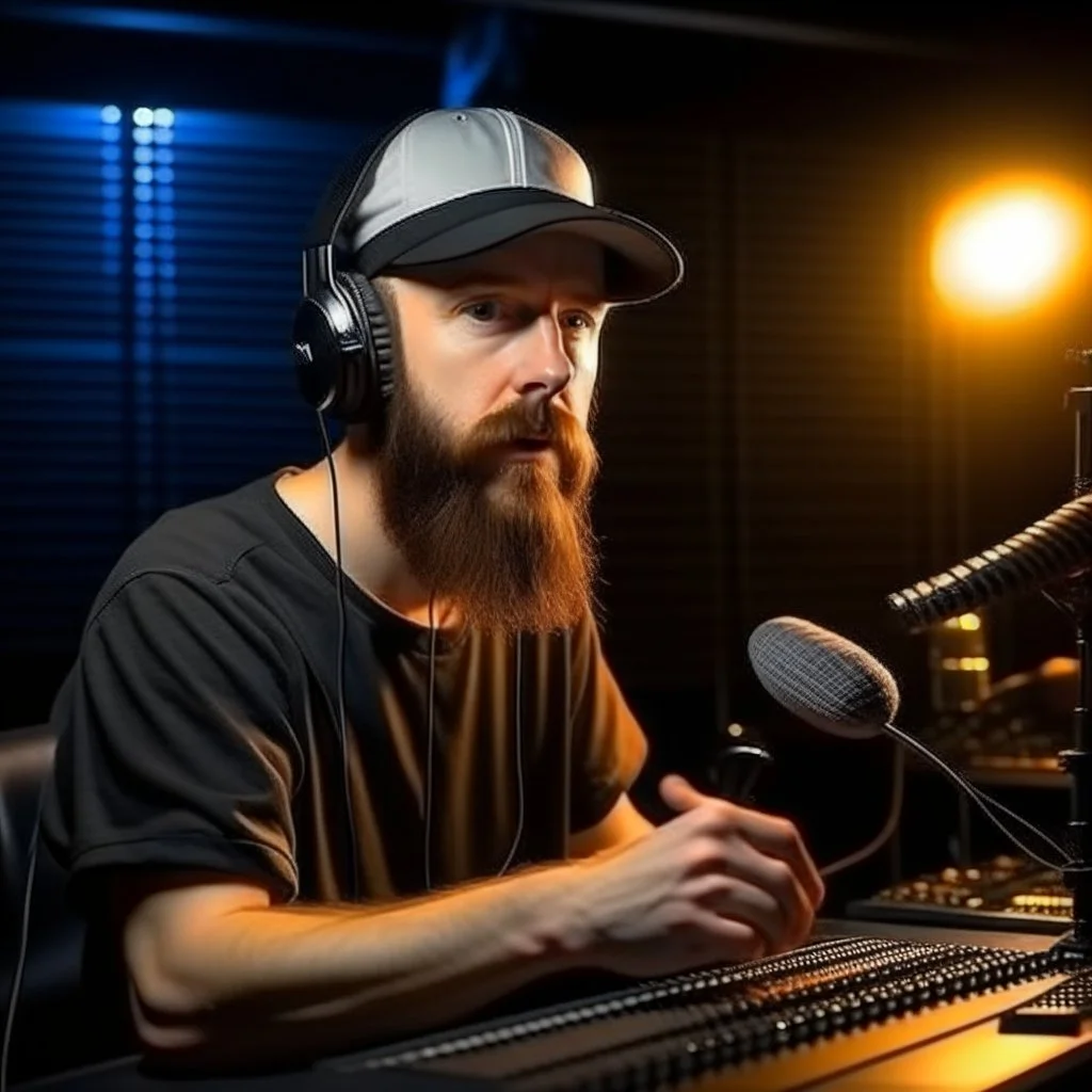 A short brown beard DJ with a baseball hat on his head, sing at microphone, many electronic consoles studio , microphones,, laser lights, FRONT VIEW