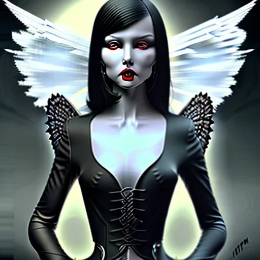 smiling black hair lady angel top with blades