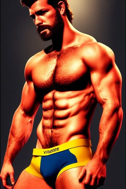 Ignore NSFW, teenager young rugged attractive slightly muscular fantastic handsome man, red briefs with yellow belt, hairy chest, (((visibly pisssing))) briefs, large erect visible boner peniss, photorealistic, artist Jay Anacleto, soft lighting, scruffy beard