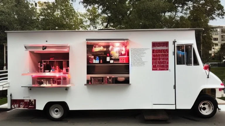 modern looking food truck that has a bunch of flashy lights and fireworks