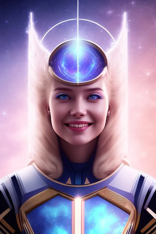 young cosmic woman smile, admiral from the future, one fine whole face, large cosmic forehead, crystalline skin, expressive blue eyes,rainbow hair, smiling lips, very nice smile, costume pleiadian, Beautiful tall woman pleiadian Galactic commander, ship, perfect datailed golden galactic suit, high rank, long blond hair, hand whit five perfect detailed finger, amazing big blue eyes, smilling mouth, high drfinition lips, cosmic happiness, bright colors, blue, pink, gold, jewels, realist