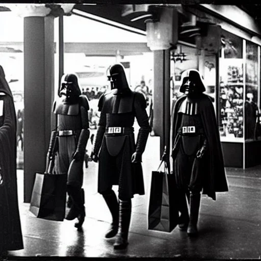 Creepy old photo of star wars type people out shopping at old town