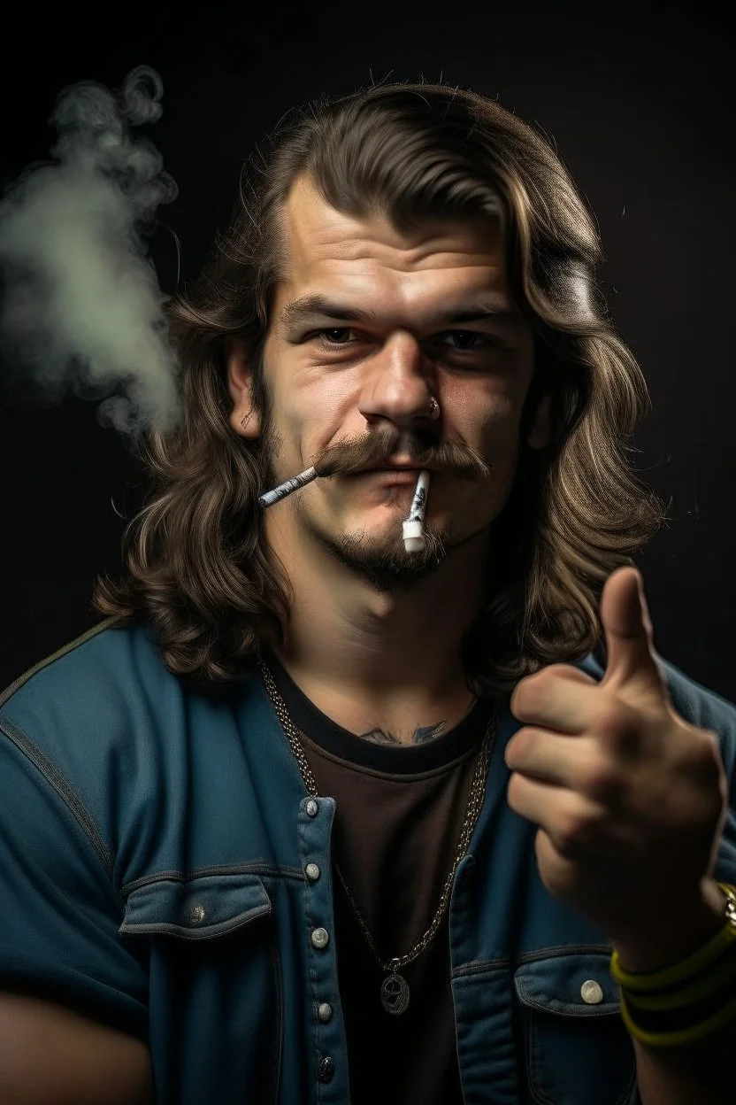 tough looking guy with a mullet smoking a cigarette and pointing his hand like a gun at the camera like hes about to shoot