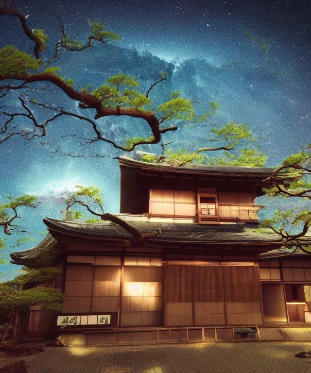 Japanese tea house in outer space with a nebula and otherworldly trees