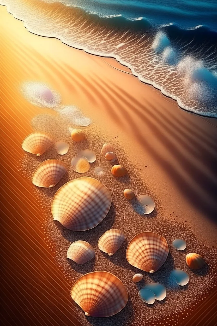 magic sea, beach with sand, shells, realistic, professional photo, 4k, top view, sanrise