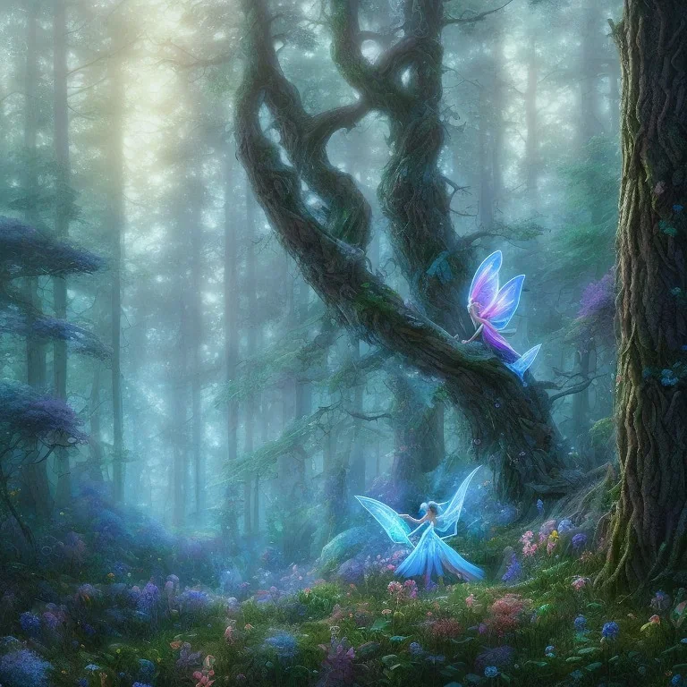 blue ridge mountains environment, fairy novel character, portrait, vibrant colors in the style of athletic afo princess, colorful volumetric reflective lighting effects, beautiful spirit ultra detailed, Intricate concept character design is walking through the dark forest woods