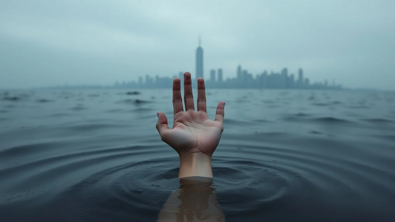 Vertically Sinking straight hand deep the middle of the water with Subtle water ripples or waves in the background. A subtle, dark cityscape or silhouette in the background.