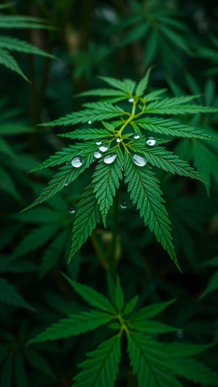 create a hemp plant and focus on a group of leaves, they have some water drops but no too exagerated, make the photo nearer and the water frops bigger, the background is like in a jungle