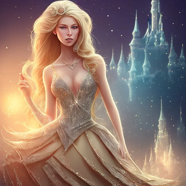 blond beautiful princess with sparkle dress with castle background