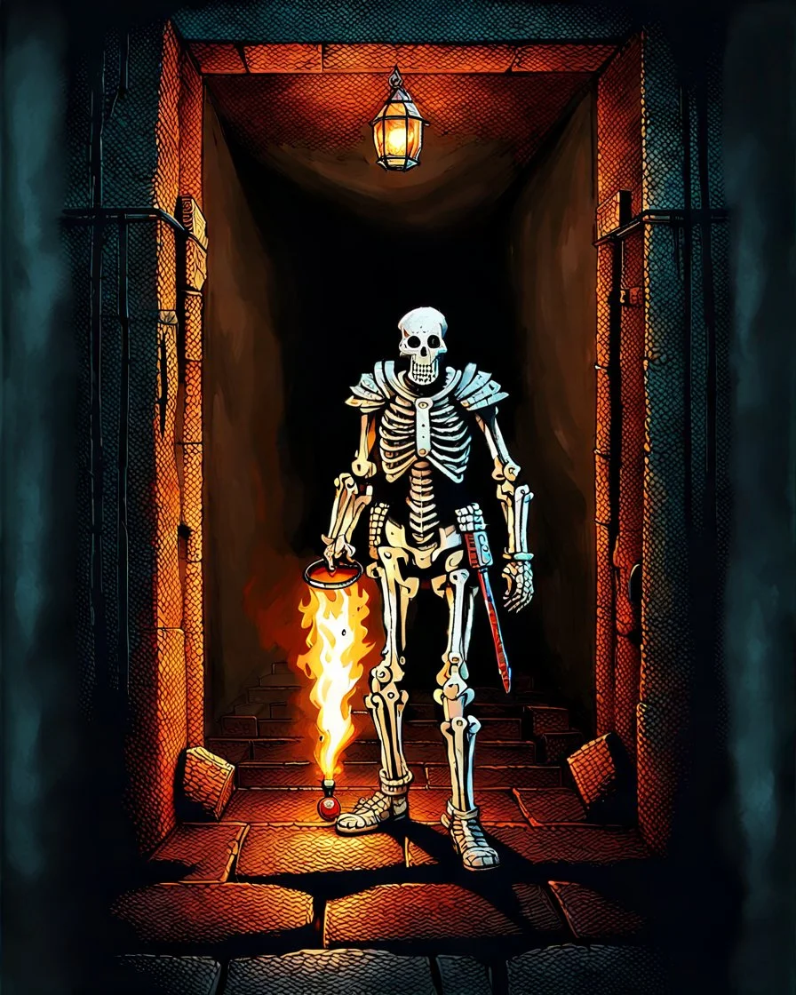 A frightening castle dungeon hallway with a skeleton warrior in rusty chainmail holding a burning torch painterly rpg art