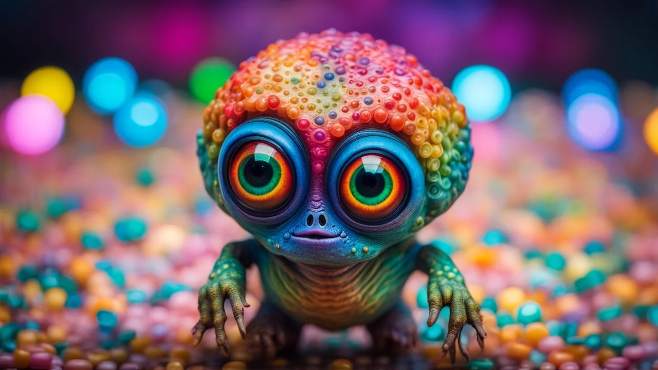 A middle size, jelly-like fatt body colorful pastel patterned skin, big eyes alien creature tanding a floor, full body, high detailed, high textured, sharp focus, deep colors, Professional photography, bokeh, natural lighting, canon lens, shot on dslr 64 megapixels , blur background with neon light, office