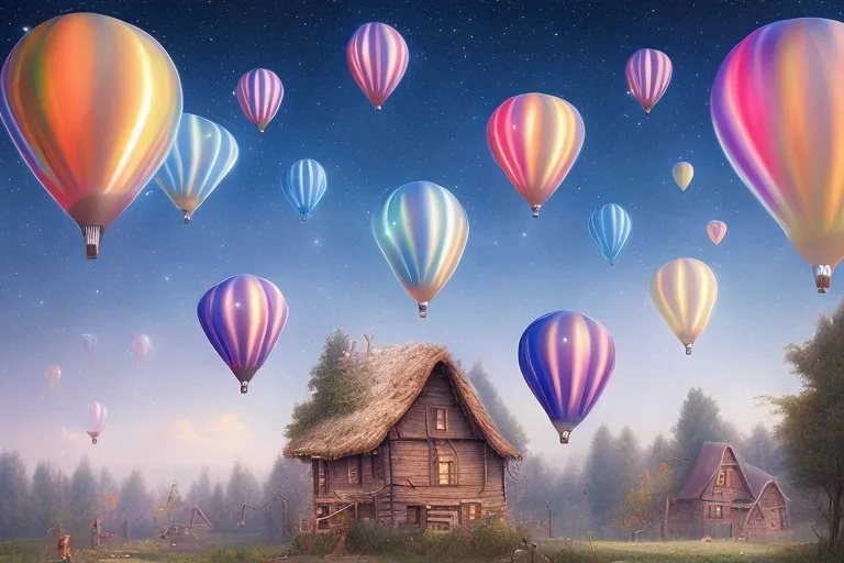 a village in the woods with galaxy sky and balloons