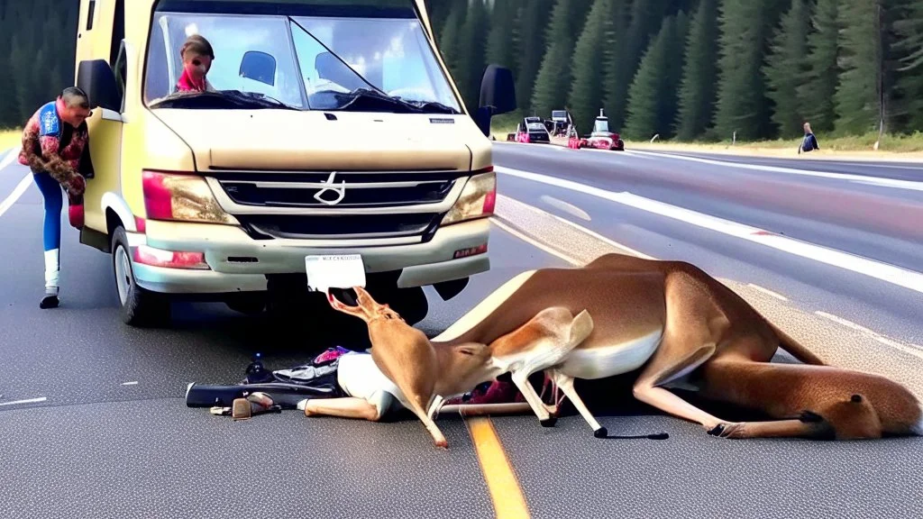 lady giving CPR to injured deer on highway I90 in front of a LARGE BUDGET MOVING VAN