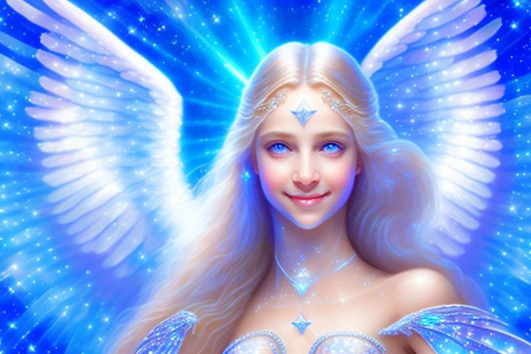 angel cosmic women with long hair, light eyes and blue brightness tunic, with a little sweety smile, with big crystal wings, in a background of stars and bright beam in the sky