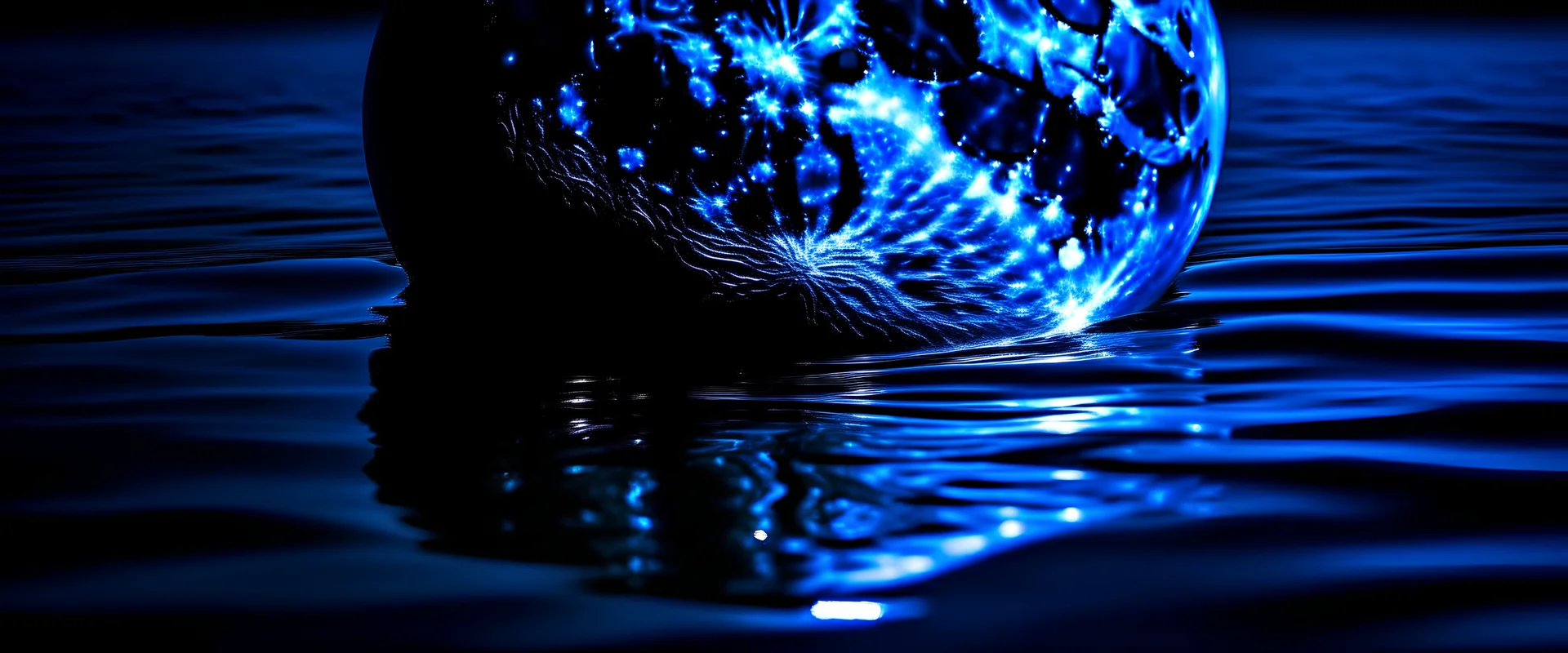 A close-up photo of the moon reflecting over the water. Colors are blue and deep blue.