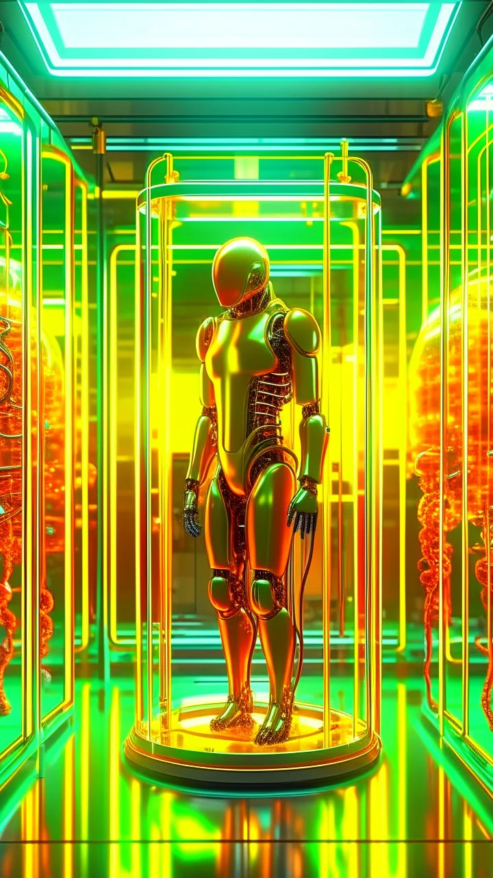 Sleeper in tube cabinet made of glass filled to the top with honey coloured liquid , in a laboratory inside it a half alien and a half human creature body standing vertically inside , connected with wires and electrical wires , the human standing in side, a high tech equipment in the background ,4K, cinematic, high resolution