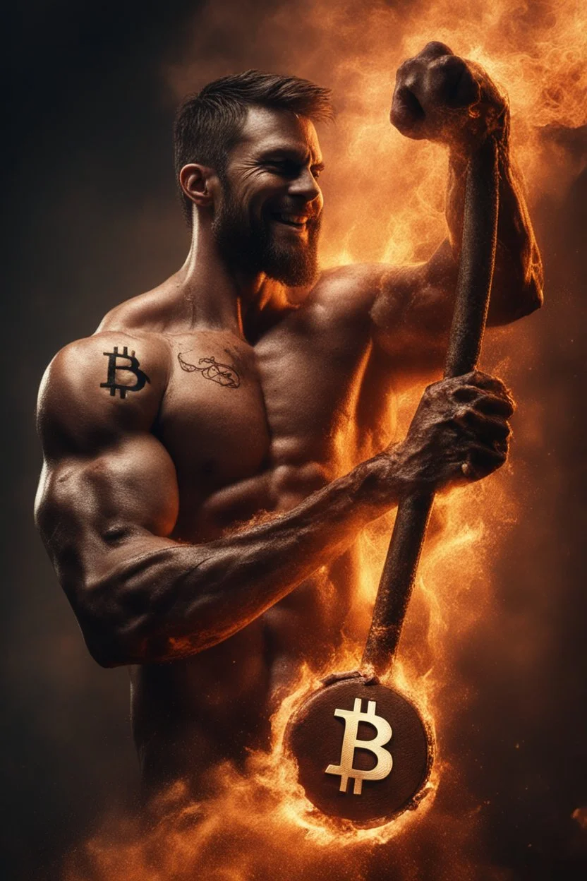 Close up of a A strong forearm held out by a man, a Bitcoin mark has just been burned into he's skin by a branding iron, it's hot and sizzling, he's screaming of pain, realistic, 8k quality, smoky chaos background