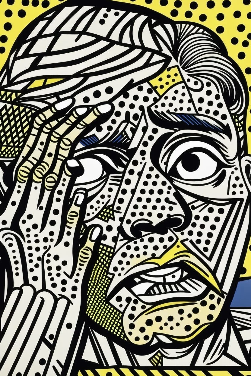 tribal man in grief with hands on face crazy shapes pencil draw style of roy lichtenstein