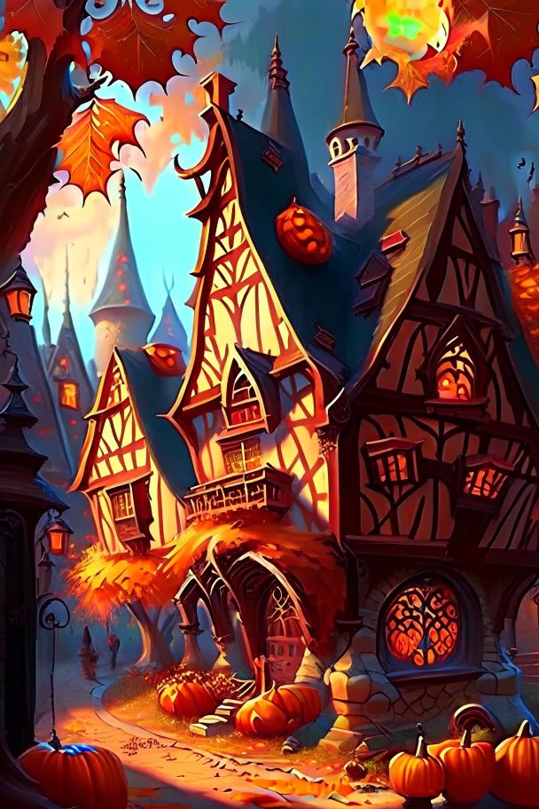 Fantasy village with tudor style architecture and stained glass window houses. The season is autumn and there are some pumpkins fantasy rpg art painterly